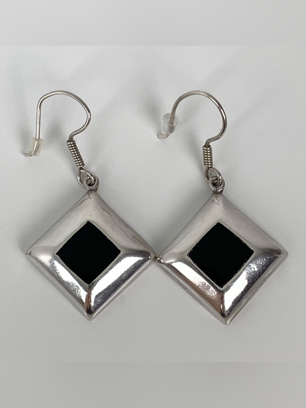 Sterling Silver Earrings Square Losange Black Stone Stamped Mexico 925 Geometric